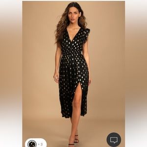 NWT Lulus Cause to Celebrate Black & Gold Dot Midi Dress